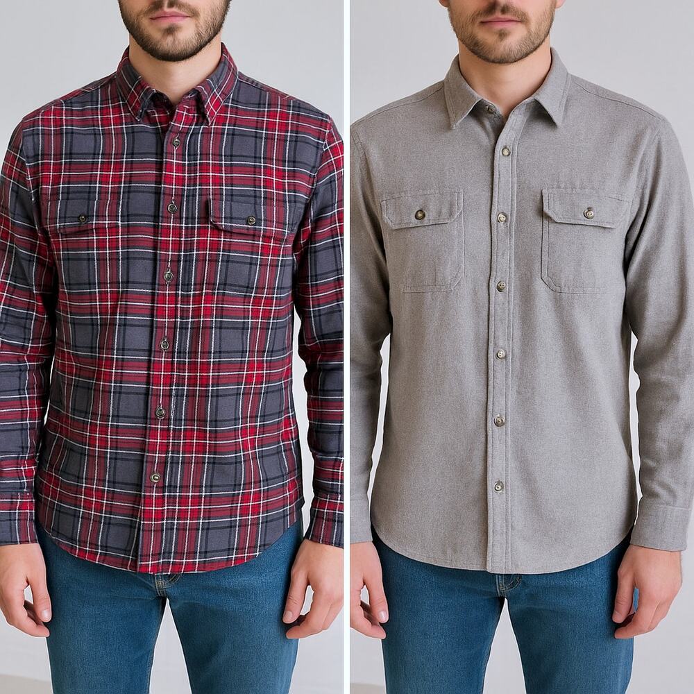 TWO Woolrich Long Sleeve Button Downs 100% Cotton Flannel Men L Shirt Red Gray - Picture 1 of 11